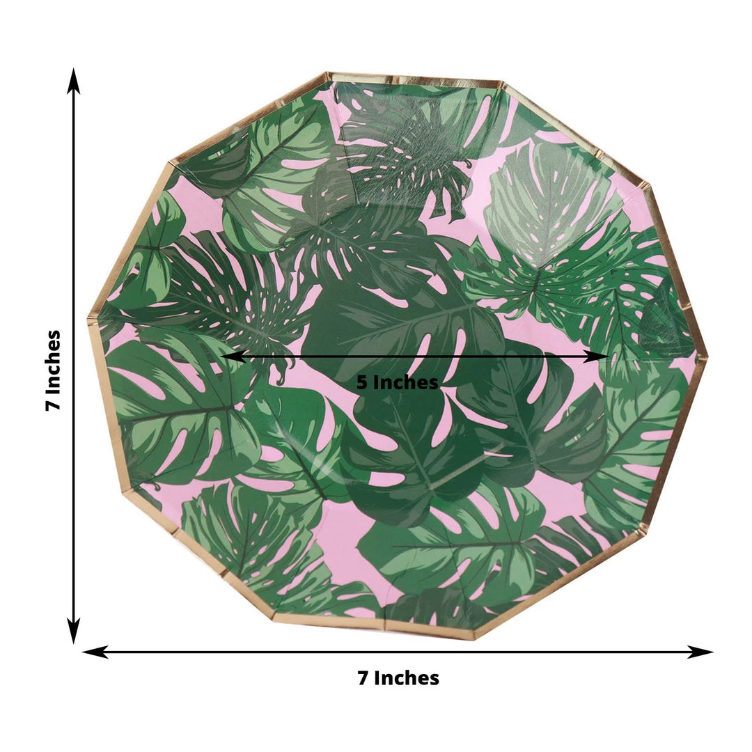 HIER_5440 Disposable Dinnerware 25 Pack | Tropical Palm Leaf 7" Dessert Salad Paper Plates, Disposable Appetizer Plates Geometric Decagon Shaped Pink/Green With Gold Rim 3 HIER_5440 Disposable Dinnerware 25 Pack | Tropical Palm Leaf 7" Dessert Salad Paper Plates, Disposable Appetizer Plates Geometric Decagon Shaped Pink/Green With Gold Rim