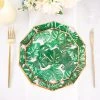 HIER_5440 Disposable Dinnerware 25 Pack | Tropical Palm Leaf 7" Dessert Salad Paper Plates, Disposable Appetizer Plates Geometric Decagon Shaped Pink/Green With Gold Rim