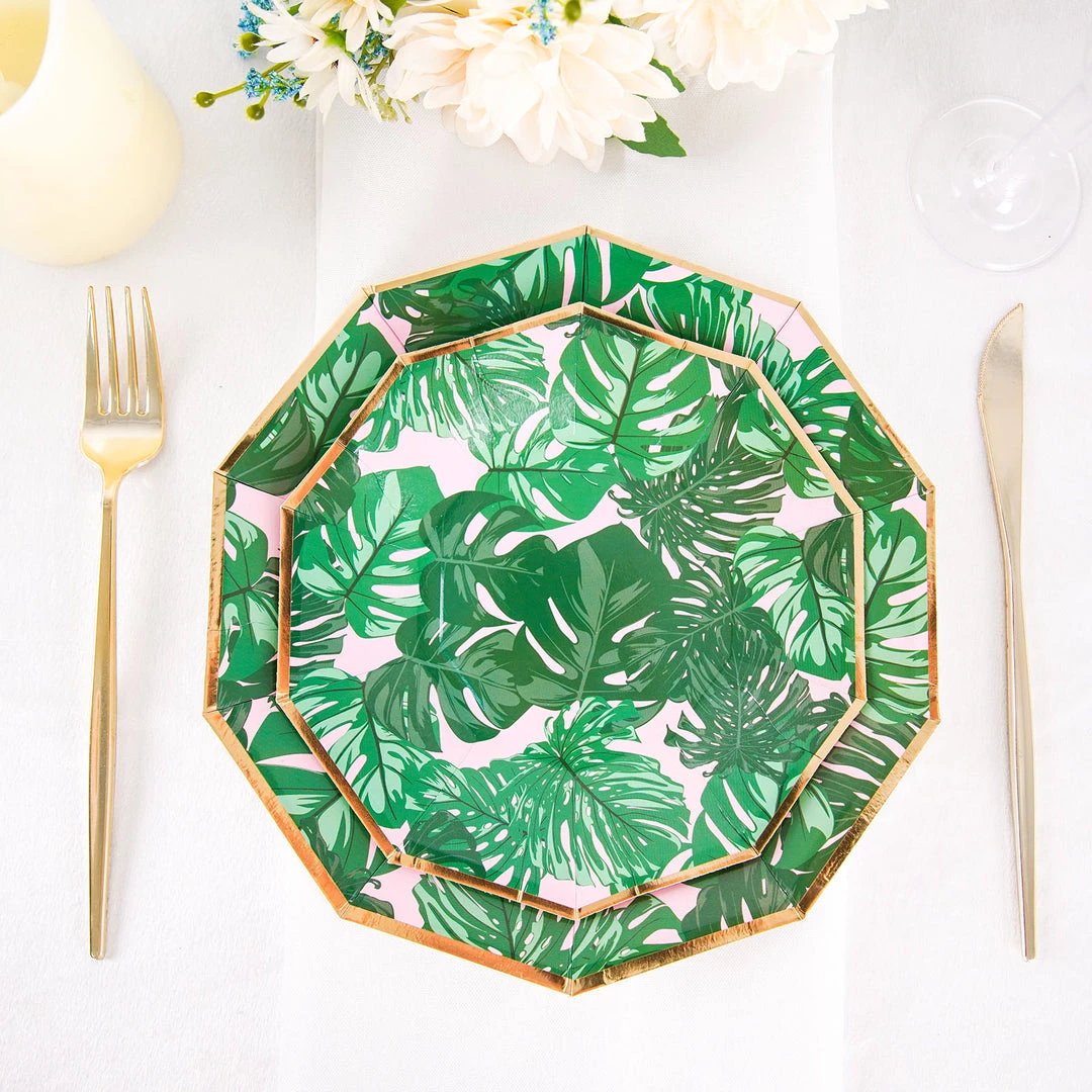 HIER_5440 Disposable Dinnerware 25 Pack | Tropical Palm Leaf 7" Dessert Salad Paper Plates, Disposable Appetizer Plates Geometric Decagon Shaped Pink/Green With Gold Rim 1 HIER_5440 Disposable Dinnerware 25 Pack | Tropical Palm Leaf 7" Dessert Salad Paper Plates, Disposable Appetizer Plates Geometric Decagon Shaped Pink/Green With Gold Rim