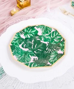 HIER_5440 Disposable Dinnerware 25 Pack | Tropical Palm Leaf 7" Dessert Salad Paper Plates, Disposable Appetizer Plates Geometric Decagon Shaped Pink/Green With Gold Rim 18 HIER_5440 Disposable Dinnerware 25 Pack | Tropical Palm Leaf 7