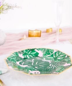 HIER_5440 Disposable Dinnerware 25 Pack | Tropical Palm Leaf 7" Dessert Salad Paper Plates, Disposable Appetizer Plates Geometric Decagon Shaped Pink/Green With Gold Rim 20 HIER_5440 Disposable Dinnerware 25 Pack | Tropical Palm Leaf 7