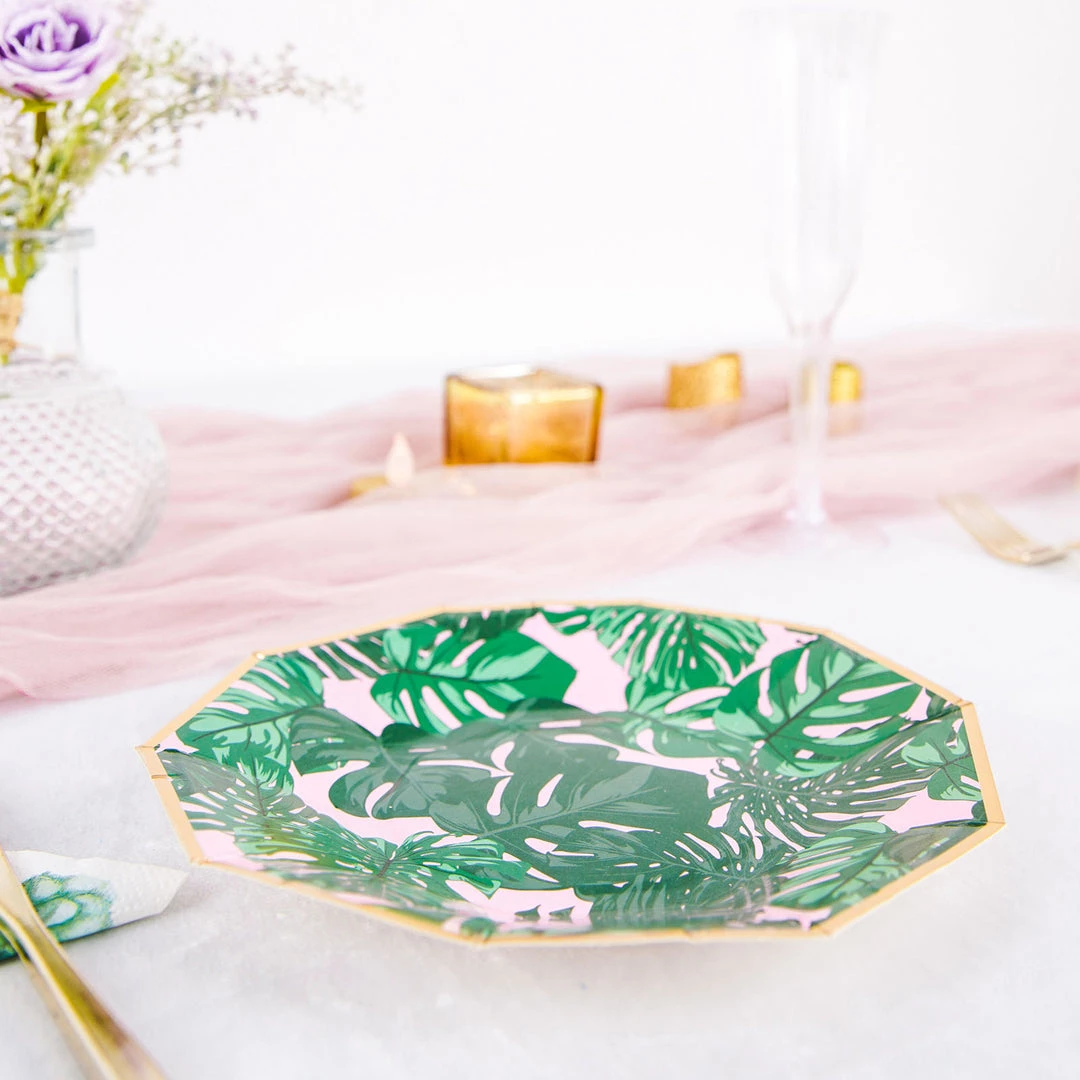 HIER_5440 Disposable Dinnerware 25 Pack | Tropical Palm Leaf 7" Dessert Salad Paper Plates, Disposable Appetizer Plates Geometric Decagon Shaped Pink/Green With Gold Rim 10 HIER_5440 Disposable Dinnerware 25 Pack | Tropical Palm Leaf 7" Dessert Salad Paper Plates, Disposable Appetizer Plates Geometric Decagon Shaped Pink/Green With Gold Rim