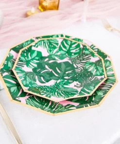 HIER_5440 Disposable Dinnerware 25 Pack | Tropical Palm Leaf 7" Dessert Salad Paper Plates, Disposable Appetizer Plates Geometric Decagon Shaped Pink/Green With Gold Rim 15 HIER_5440 Disposable Dinnerware 25 Pack | Tropical Palm Leaf 7