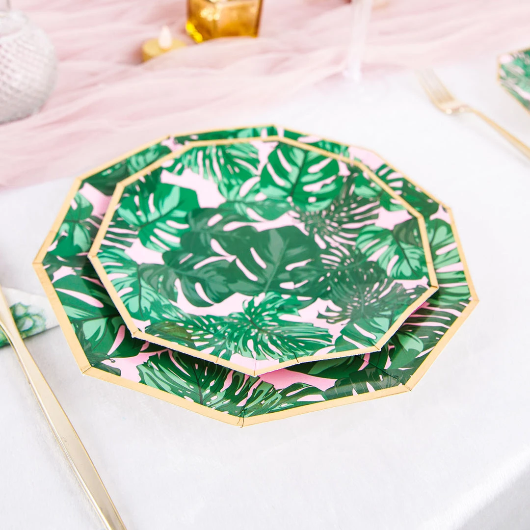 HIER_5440 Disposable Dinnerware 25 Pack | Tropical Palm Leaf 7" Dessert Salad Paper Plates, Disposable Appetizer Plates Geometric Decagon Shaped Pink/Green With Gold Rim 5 HIER_5440 Disposable Dinnerware 25 Pack | Tropical Palm Leaf 7" Dessert Salad Paper Plates, Disposable Appetizer Plates Geometric Decagon Shaped Pink/Green With Gold Rim