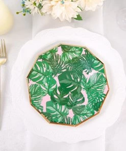HIER_5440 Disposable Dinnerware 25 Pack | Tropical Palm Leaf 7" Dessert Salad Paper Plates, Disposable Appetizer Plates Geometric Decagon Shaped Pink/Green With Gold Rim 16 HIER_5440 Disposable Dinnerware 25 Pack | Tropical Palm Leaf 7