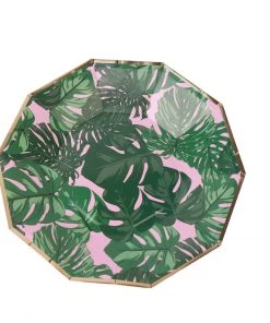 HIER_5440 Disposable Dinnerware 25 Pack | Tropical Palm Leaf 7" Dessert Salad Paper Plates, Disposable Appetizer Plates Geometric Decagon Shaped Pink/Green With Gold Rim 21 HIER_5440 Disposable Dinnerware 25 Pack | Tropical Palm Leaf 7
