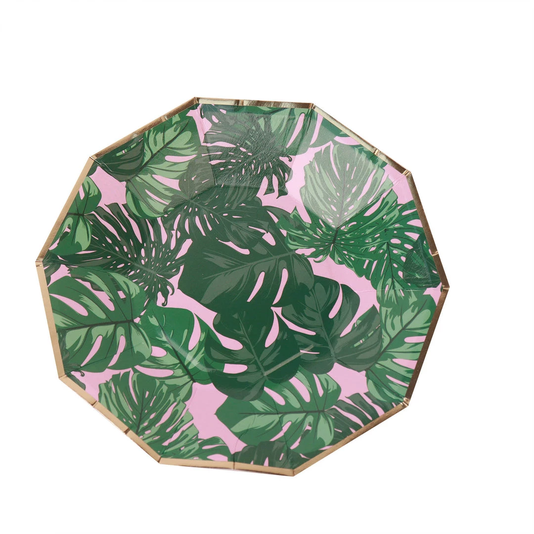 HIER_5440 Disposable Dinnerware 25 Pack | Tropical Palm Leaf 7" Dessert Salad Paper Plates, Disposable Appetizer Plates Geometric Decagon Shaped Pink/Green With Gold Rim 11 HIER_5440 Disposable Dinnerware 25 Pack | Tropical Palm Leaf 7" Dessert Salad Paper Plates, Disposable Appetizer Plates Geometric Decagon Shaped Pink/Green With Gold Rim