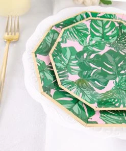 HIER_5440 Disposable Dinnerware 25 Pack | Tropical Palm Leaf 7" Dessert Salad Paper Plates, Disposable Appetizer Plates Geometric Decagon Shaped Pink/Green With Gold Rim 19 HIER_5440 Disposable Dinnerware 25 Pack | Tropical Palm Leaf 7