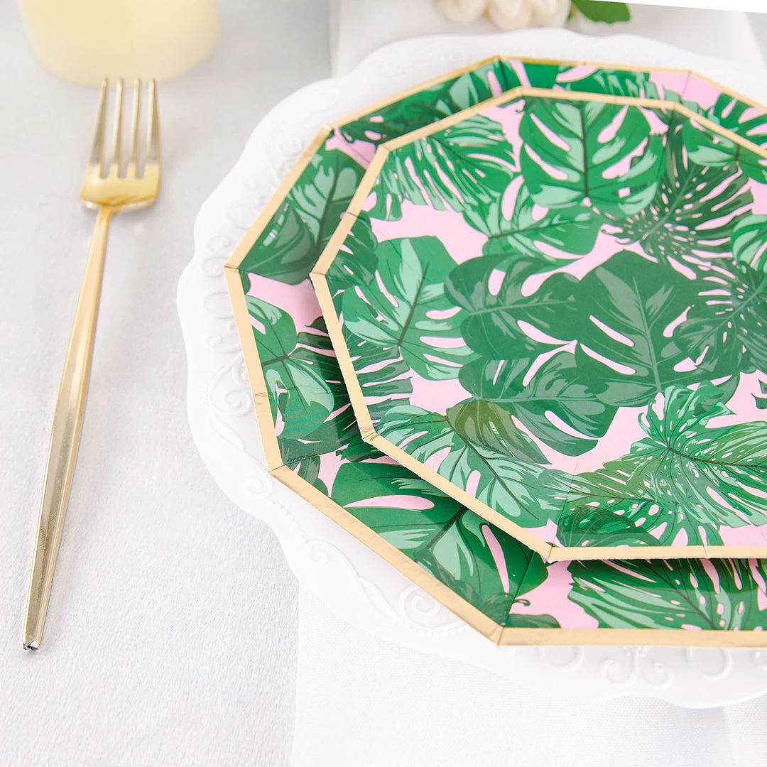 HIER_5440 Disposable Dinnerware 25 Pack | Tropical Palm Leaf 7" Dessert Salad Paper Plates, Disposable Appetizer Plates Geometric Decagon Shaped Pink/Green With Gold Rim 9 HIER_5440 Disposable Dinnerware 25 Pack | Tropical Palm Leaf 7" Dessert Salad Paper Plates, Disposable Appetizer Plates Geometric Decagon Shaped Pink/Green With Gold Rim