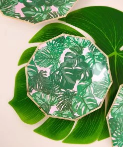 HIER_5440 Disposable Dinnerware 25 Pack | Tropical Palm Leaf 7" Dessert Salad Paper Plates, Disposable Appetizer Plates Geometric Decagon Shaped Pink/Green With Gold Rim 17 HIER_5440 Disposable Dinnerware 25 Pack | Tropical Palm Leaf 7