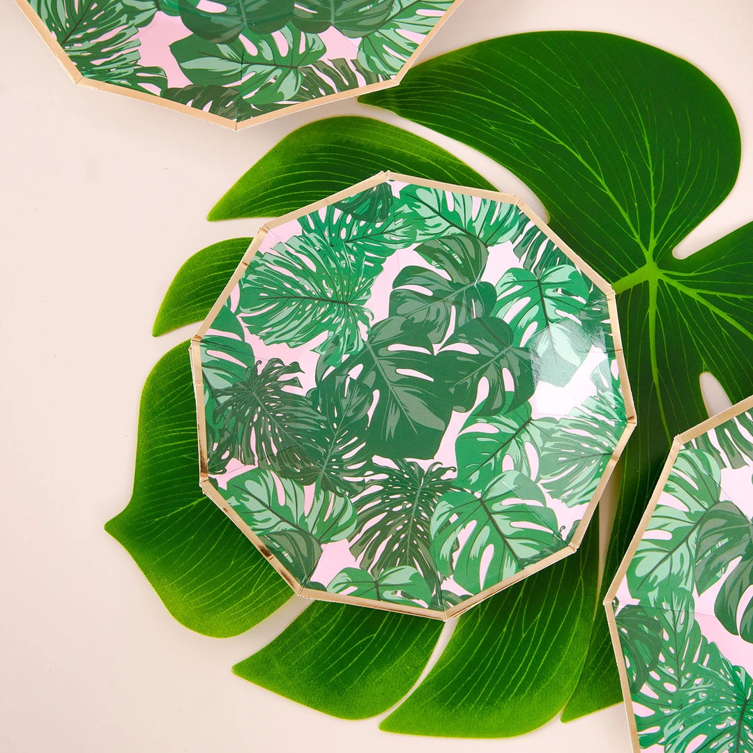 HIER_5440 Disposable Dinnerware 25 Pack | Tropical Palm Leaf 7" Dessert Salad Paper Plates, Disposable Appetizer Plates Geometric Decagon Shaped Pink/Green With Gold Rim 7 HIER_5440 Disposable Dinnerware 25 Pack | Tropical Palm Leaf 7" Dessert Salad Paper Plates, Disposable Appetizer Plates Geometric Decagon Shaped Pink/Green With Gold Rim