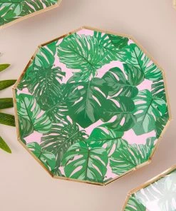 HIER_5440 Disposable Dinnerware 25 Pack | Tropical Palm Leaf 7" Dessert Salad Paper Plates, Disposable Appetizer Plates Geometric Decagon Shaped Pink/Green With Gold Rim