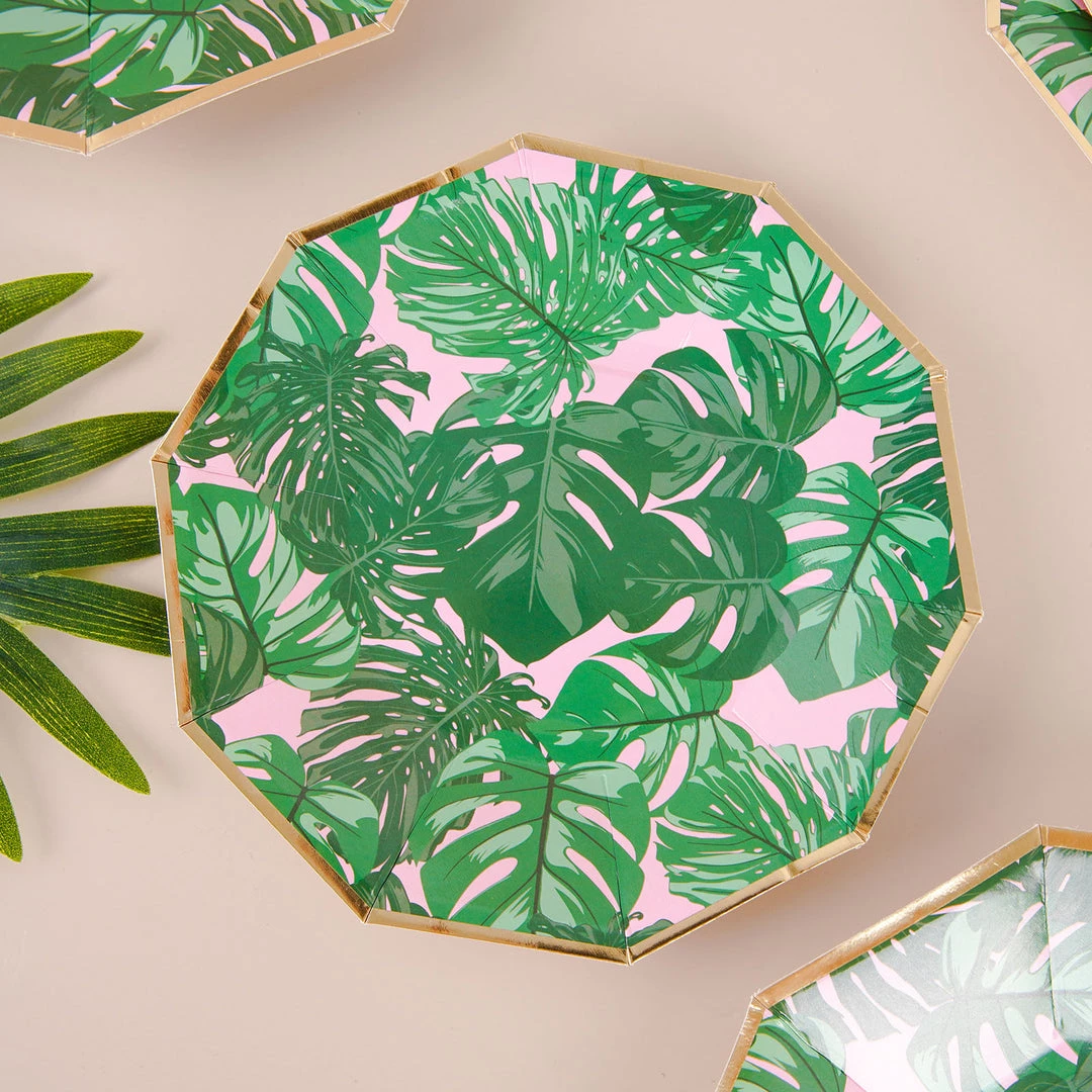 HIER_5440 Disposable Dinnerware 25 Pack | Tropical Palm Leaf 7" Dessert Salad Paper Plates, Disposable Appetizer Plates Geometric Decagon Shaped Pink/Green With Gold Rim 2 HIER_5440 Disposable Dinnerware 25 Pack | Tropical Palm Leaf 7" Dessert Salad Paper Plates, Disposable Appetizer Plates Geometric Decagon Shaped Pink/Green With Gold Rim