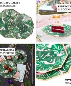 HIER_5440 Disposable Dinnerware 25 Pack | Tropical Palm Leaf 7" Dessert Salad Paper Plates, Disposable Appetizer Plates Geometric Decagon Shaped Pink/Green With Gold Rim 14 HIER_5440 Disposable Dinnerware 25 Pack | Tropical Palm Leaf 7