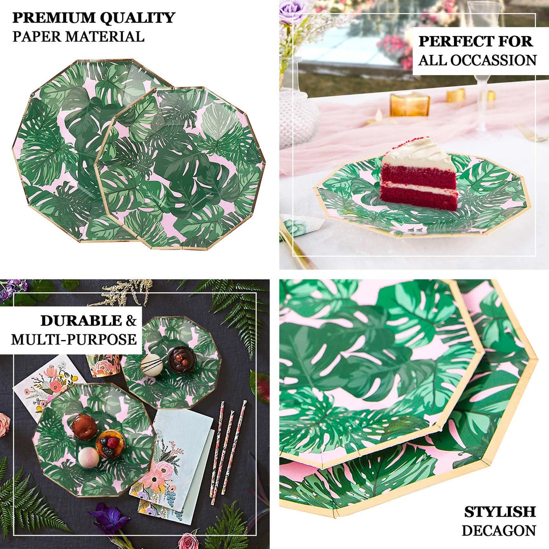 HIER_5440 Disposable Dinnerware 25 Pack | Tropical Palm Leaf 7" Dessert Salad Paper Plates, Disposable Appetizer Plates Geometric Decagon Shaped Pink/Green With Gold Rim 4 HIER_5440 Disposable Dinnerware 25 Pack | Tropical Palm Leaf 7" Dessert Salad Paper Plates, Disposable Appetizer Plates Geometric Decagon Shaped Pink/Green With Gold Rim