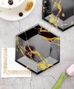 HIER_5442 25 Pack | Black Marble 8.5" Dessert Salad Paper Plates, Disposable Appetizer Hexagon Geometric Shaped Plates With Gold Foil Marble Design - 400 GSM