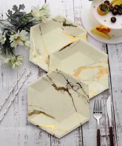 HIER_5442 25 Pack | Ivory Marble 8.5" Dessert Salad Paper Plates, Disposable Appetizer Hexagon Geometric Plates Shaped With Gold Foil Marble Design - 400 GSM Disposable Dinnerware