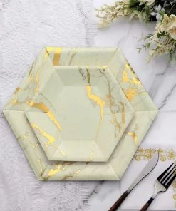 HIER_5442 25 Pack | Ivory Marble 8.5" Dessert Salad Paper Plates, Disposable Appetizer Hexagon Geometric Plates Shaped With Gold Foil Marble Design - 400 GSM Disposable Dinnerware