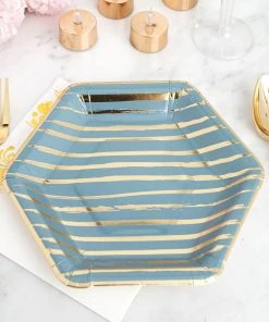 HIER_5440 25 Pack | Blue/Gold Foil 8.5" Hexagon Paper Plates, Abstract Geometric Disposable Dinner Plates With Gold Rim - 350 GSM Disposable Dinnerware