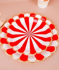 HIER_5440 25 Pack | Peppermint Striped 7" Circus Dessert Disposable Paper Plates - 300 GSM Disposable Dinnerware
