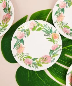 HIER_5441 25 Pack | Rose/Peony 7" Flower Wreath Dessert Appetizer Paper Plates, Disposable Party Plates Disposable Dinnerware