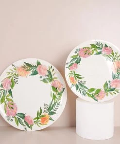 HIER_5441 25 Pack | Rose/Peony 7" Flower Wreath Dessert Appetizer Paper Plates, Disposable Party Plates Disposable Dinnerware