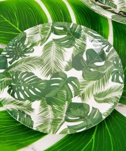 HIER_5440 25 Pack | Tropical Palm Leaf Mix 7" Dessert Disposable Paper Plates, Appetizer Salad Plates - 300 GSM Disposable Dinnerware