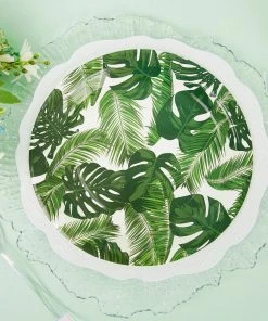 HIER_5440 25 Pack | Tropical Palm Leaf Mix 7" Dessert Disposable Paper Plates, Appetizer Salad Plates - 300 GSM Disposable Dinnerware