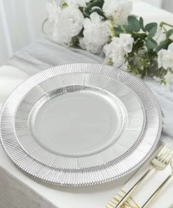 HIER_5441 Theme Décor 25 Pack | Metallic Silver Sunray 10" Serving Dinner Paper Plates, Disposable Party Plates - 350 GSM