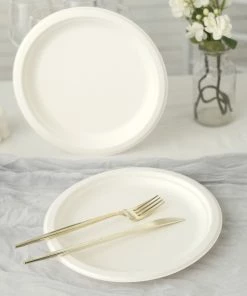HIER_5441 50 Pack | White 9" Round Biodegradable Bagasse Plates, Compostable Dinner Plates, Eco-friendly Disposable Party Plates Disposable Dinnerware