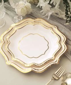 HIER_5441 Disposable Dinnerware 25 Pack | White/Gold 10" Scallop Rim Dinner Party Paper Plates, Disposable Plates - 300 GSM