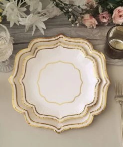 HIER_5441 Disposable Dinnerware 25 Pack | White/Gold 10