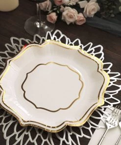 HIER_5441 Disposable Dinnerware 25 Pack | White/Gold 10" Scallop Rim Dinner Party Paper Plates, Disposable Plates - 300 GSM