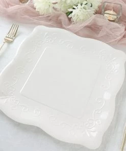 HIER_5443 25 Pack | White 11" Square Vintage Dinner Serving Paper Plates, Shiny Disposable Pottery Embossed Party Plates With Scroll Design Edge - 350 GSM