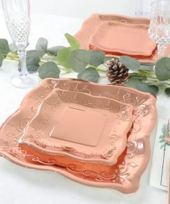 HIER_5443 25 Pack | Blush/Rose Gold 7" Square Vintage Appetizer Dessert Paper Plates, Disposable Pottery Embossed Party Plates With Scroll Design Edge - 350 GSM