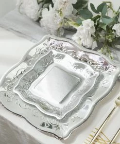 HIER_5443 25 Pack | Silver Embossed 7" Scalloped Edge Square Salad Paper Plates, Shiny Metallic Disposable Appetizer Dessert Party Plates - 350GSM