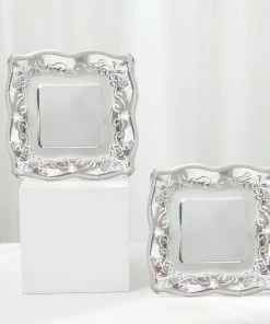 HIER_5443 25 Pack | Silver Embossed 7" Scalloped Edge Square Salad Paper Plates, Shiny Metallic Disposable Appetizer Dessert Party Plates - 350GSM