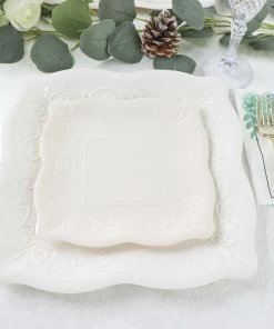 HIER_5443 25 Pack | White 7" Square Vintage Appetizer Dessert Paper Plates, Disposable Pottery Embossed Party Plates With Scroll Design Edge - 350 GSM