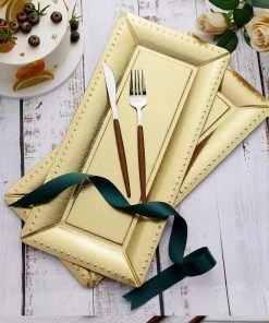 HIER_5442 10 Pack | Gold Studded Rim 16" Heavy Duty Paper Serving Trays - 1100 GSM Disposable Dinnerware
