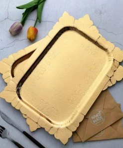 HIER_5442 Disposable Dinnerware 10 Pack | Gold 14" Leather Textured Heavy Duty Paper Serving Trays With Floral Cut Rim - 1100 GSM