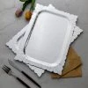 HIER_5442 10 Pack | Silver 14" Leather Textured Heavy Duty Paper Serving Trays With Floral Cut Rim - 1100 GSM