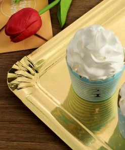 HIER_5442 10 Pack | Metallic Gold 15" Paper Cardboard Serving Trays, Rectangle Party Platters With Scalloped Rim - 400 GSM