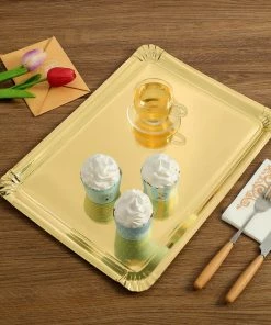 HIER_5442 10 Pack | Metallic Gold 15" Paper Cardboard Serving Trays, Rectangle Party Platters With Scalloped Rim - 400 GSM