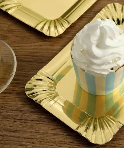 HIER_5442 10 Pack | Metallic Gold 6" Small Paper Cardboard Serving Trays, Rectangle Party Platters With Scalloped Rim - 400 GSM Disposable Dinnerware