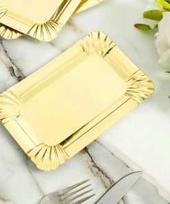 HIER_5442 10 Pack | Metallic Gold 6" Small Paper Cardboard Serving Trays, Rectangle Party Platters With Scalloped Rim - 400 GSM Disposable Dinnerware