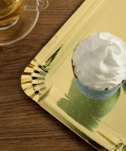 HIER_5442 Disposable Dinnerware 10 Pack | Metallic Gold 9" Paper Cardboard Serving Trays, Rectangle Party Platters With Scalloped Rim - 400 GSM