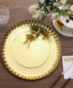 HIER_4710 Disposable Dinnerware 10 Pack | Gold 13" Round Heavy Duty Paper Charger Plates, Disposable Serving Trays With Scalloped Rims - 1100 GSM