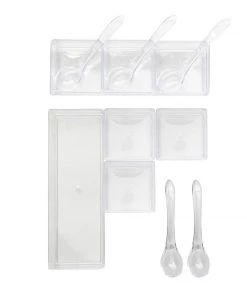HIER_5410 Disposable Dinnerware 6 Pack | Clear 3-Section Plastic Condiment Sauce Dish Tray With Mini Spoons Set