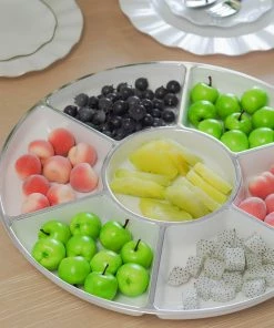 HIER_5442 2 Pack | White 16" Round 7-Compartment Plastic Serving Trays, Disposable Food Trays With Silver Rim Disposable Dinnerware