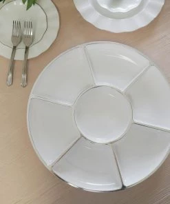 HIER_5442 2 Pack | White 16" Round 7-Compartment Plastic Serving Trays, Disposable Food Trays With Silver Rim Disposable Dinnerware